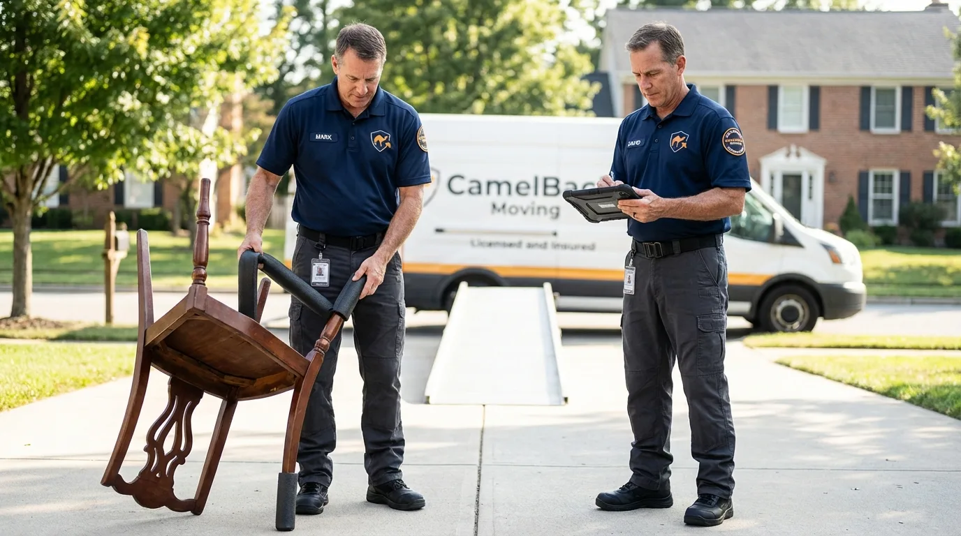 Movers inspecting furniture for damage prevention before loading in Loxley, AL