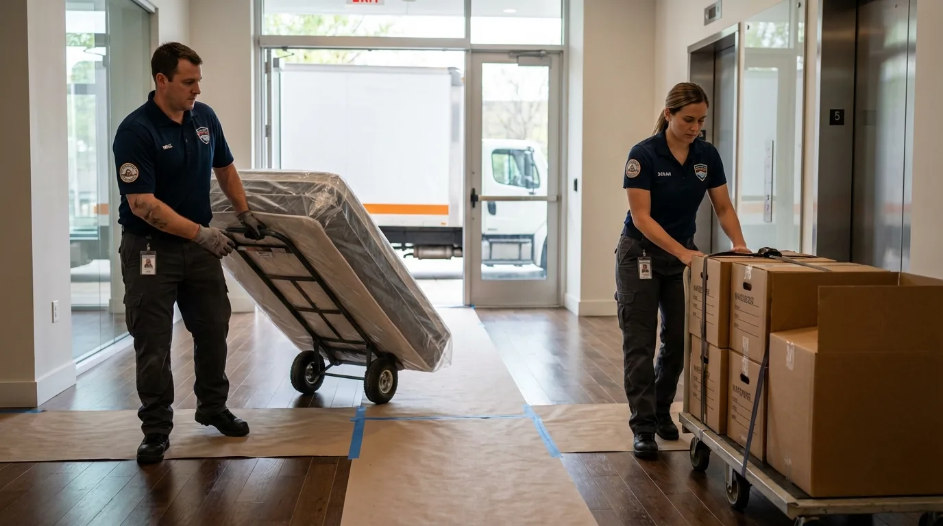Professional apartment movers loading elevator in Loxley, AL